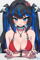  absurdres amagasa anger_vein bandaid bandaid_on_hand bare_shoulders bikini black_hair blue_eyes blue_hair blue_nails blush breasts collar cross cross_necklace earrings female headgear highres jewelry long_hair metal_collar multicolored_hair necklace original red_bikini restrained ring shadow sharp_teeth streaked_hair swimsuit table teeth triangle_earrings twintails umbrella 