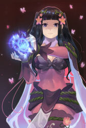  absurdres black_eyes black_hair black_nails blunt_bangs bodystocking breasts bridal_gauntlets bug butterfly casting_spell commentary eyelashes female fire_emblem fire_emblem_awakening fire_emblem_heroes flower highres kaphrin long_hair navel official_alternate_costume pelvic_curtain pink_flower solo tharja_(fire_emblem) tharja_(resplendent)_(fire_emblem) two_side_up 