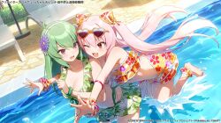  2girls :3 ;d ahoge akabino ankle_garter assault_lily bangle bare_arms bare_shoulders barefoot behind_another bikini bikini_skirt blush bracelet breasts chair cleavage collarbone commentary_request day dutch_angle endou_araya eyewear_on_head floating_hair floral_print flower frilled_bikini frills green_bikini green_hair hair_between_eyes hair_flower hair_ornament hairband hairpods halterneck hand_up hands_up heads_together heart heart-shaped_eyewear imminent_hug jewelry leaning_forward leg_up long_hair looking_at_another looking_to_the_side lounge_chair medium_breasts multi-strapped_bikini_bottom multiple_girls navel official_alternate_costume official_alternate_hairstyle official_art one_eye_closed open_mouth orange_bikini outdoors outstretched_arms pink_eyes pink_hair pool print_bikini purple_eyes purple_flower ring shade smile sparkle splashing standing standing_on_one_leg stomach sunglasses swimsuit tanaka_ichi twintails v-shaped_eyebrows very_long_hair wading water watermark wavy_mouth white_flower white_hairband wrist_cuffs yellow-framed_eyewear yuri 