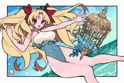  bare_shoulders birdcage blonde_hair blue_sky blush bow breasts cage ereshkigal_(fate) fate/grand_order fate_(series) female grey_one-piece_swimsuit hacco_mayu hairband hairbow highres large_breasts long_hair looking_at_viewer o-ring ocean one-piece_swimsuit open_mouth parted_bangs red_eyes sky smile solo space_ereshkigal_(fate) space_ereshkigal_(first_ascension)_(fate) swimsuit two-tone_swimsuit two_side_up white_one-piece_swimsuit 