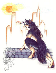  2000 abs anthro artist_logo black_body black_fur black_pawpads canid canine canis city cloud colored_pencil_(artwork) d-omore digitigrade fur hindpaw kneeling logo male male_anthro mammal nude pawpads paws shaded snout solo sun tail tan_body tan_fur traditional_media_(artwork) wall_(structure) watermark wolf 