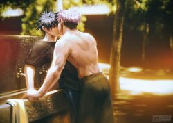  2boys back black_hair black_pants blurry blurry_background fushiguro_megumi hair_between_eyes highres holding_hands itadori_yuuji jinrozenrot jujutsu_kaisen leaf multiple_boys outdoors pants pink_hair short_hair short_sleeves topless_male tree undercut yaoi 