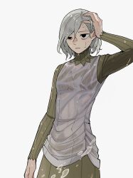  1boy bags_under_eyes black_eyes dungeon_meshi elf gorget grey_hair hand_on_own_head highres lazy_eye long_sleeves male_focus mithrun notched_ear pointy_ears see-through shirt short_hair simple_background solo somu_ki tunic uneven_eyes upper_body water wavy_hair wet wet_clothes wet_hair white_background 