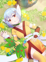  blaster_master_zero blaster_master_zero_2 blue_hair breasts brown_eyes bug collarbone female japanese_clothes kimono large_breasts non-humanoid_robot robot robot_animal robot_ears robot_girl shizuki_airu short_hair tae_(blaster_master_zero) thighhighs yellow_kimono yellow_thighhighs 