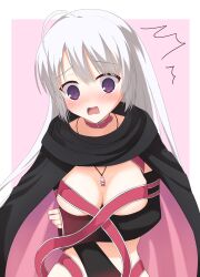  1230_mochi ^^^ ahoge arm_under_breasts ayachi_nene belt belt_bra belt_collar black_cape blush border breasts cape cleavage collar commentary_request detached_sleeves embarrassed eyes_visible_through_hair female grey_hair hair_between_eyes highres jewelry large_breasts long_hair looking_down necklace no_headwear nose_blush open_mouth outside_border pink_background pink_belt pink_cape purple_eyes raised_eyebrows sanoba_witch simple_background sleeves_past_wrists solo surprised tsurime two-sided_cape two-sided_fabric two-tone_cape upper_body very_long_hair wardrobe_malfunction white_border wide_sleeves 