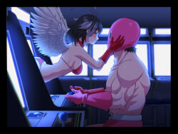  1boy absurdres angel_wings antenna_hair arcade_cabinet arcade_gamer_fubuki ass bikini black_border black_hair blue_eyes border breasts choker eye_contact face-to-face female gloves glowing grey_hair grin hands_on_another&#039;s_cheeks hands_on_another&#039;s_face highres looking_at_another mask medium_breasts mr.mystery multicolored_hair muscular muscular_male pink_gloves playing_games red_bikini red_choker red_gloves sakuragasaki_fubuki sasar1211 short_hair smile swimsuit two-tone_hair white_wings wings wrestler 