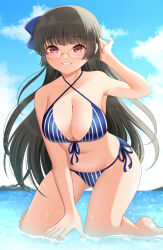  bikini black_hair blue_bikini blush breasts choukai_(kancolle) choukai_(swimsuit_mode)_(kancolle) cloud cloudy_sky collarbone day female glasses hair_ribbon highres kantai_collection large_breasts long_hair looking_at_viewer ocean outdoors red_eyes ribbon rimless_eyewear sky smile solo swimsuit water yomogi_dango 