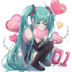  39 2022 ahoge aqua_eyes aqua_hair ashika_(yftcc948) balloon bare_shoulders birthday black_skirt black_sleeves black_thighhighs boots commentary detached_sleeves female grey_shirt hair_ornament hatsune_miku heart_balloon highres hug long_hair looking_at_viewer miku_day miniskirt pleated_skirt shirt skirt sleeveless sleeveless_shirt solo squatting thigh_boots thighhighs twintails very_long_hair vocaloid 