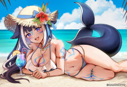  arm_strap bare_shoulders beach bikini blue_hair body_markings breasts cetacean_tail cleavage cloud cloudy_sky day english_commentary facial_mark female fins fish_tail foxyreine hat indie_virtual_youtuber large_breasts long_hair lying multicolored_hair o-ring o-ring_bikini ocean on_side open_mouth orca_girl outdoors purple_eyes shylily sky smile solo straw_hat streaked_hair swimsuit tail virtual_youtuber white_hair 