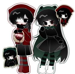  2girls absurdres bandage_over_one_eye black_capelet black_dress black_eyes black_gloves black_hair black_pantyhose black_shirt black_skirt blood blood_on_face blunt_bangs bow bowtie braid capelet chibi chinese_commentary closed_mouth commentary_request dress facial_mark full_body gloves green_bow green_bowtie green_eyes green_hat hat heterochromia highres jacket long_hair long_sleeves mark_under_both_eyes minriyeah multiple_girls naihe_(touqi_guaitan)_(female) one_eye_closed open_clothes open_jacket open_mouth outline pantyhose picnic_basket pleated_dress red_footwear red_hat red_jacket red_pantyhose shirt side_braid simple_background single_braid skirt skirt_hold smile striped_clothes striped_pantyhose touqi_guaitan very_long_hair white_background white_footwear wu_song_(touqi_guaitan) yellow_outline 