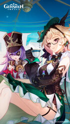  2girls bad_source bare_shoulders black_gloves blonde_hair bow bowtie breast_curtains breasts chair chevreuse_(genshin_impact) crossed_legs cup detached_sleeves earmuffs earmuffs_around_neck emilie_(genshin_impact) eyepatch genshin_impact glasses gloves gradient_hair hairband hat highres holding holding_cup jewelry long_hair long_sleeves medium_breasts multicolored_hair multiple_girls newspaper official_art pink_eyes pink_hair purple_eyes shako_cap sitting streaked_hair two-tone_hair very_long_hair white_gloves white_hair 