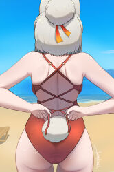  alpaca_ears alpaca_girl alpaca_suri_(kemono_friends) alpaca_tail animal_ears arms_behind_back artist_name ass back beach blue_sky day facing_away female from_behind grey_hair hair_bun highres horizon john_(a2556349) kemono_friends median_furrow medium_hair ocean one-piece_swimsuit outdoors red_one-piece_swimsuit sand shoulder_blades single_hair_bun skindentation sky solo swimsuit tail water 