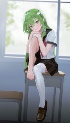  barefoot bei_chelun_de_daquan_yangcong_anakin black_sailor_collar black_skirt brown_footwear desk feet female frog_hair_ornament green_eyes green_hair hair_ornament highres knee_up kochiya_sanae legs loafers long_hair miniskirt neckerchief on_desk red_neckerchief sailor_collar school_uniform serafuku shoes short_sleeves single_hair_tube single_sidelock sitting skirt snake_hair_ornament solo thighhighs thighs toenails toes touhou very_long_hair white_thighhighs window 