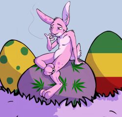  anthro arm_tuft bucklebunny cheek_tuft cigarette drugs easter easter_egg facial_tuft featureless_crotch fur head_tuft hi_res holidays knee_tuft lagomorph leg_tuft leporid male mammal marijuana mouth_closed narrowed_eyes nude pink_body pink_fur pink_inner_ear rabbit red_eyes shoulder_tuft sitting smoking smoking_cigarette solo tuft 