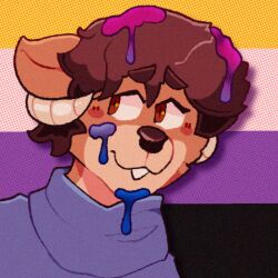  2023 2_horns anthro bisexual_pride_colors blue_clothing blue_topwear blush bovid brown_body brown_ears brown_eyes brown_fur brown_hair brown_nose buckteeth bust_portrait caprine clothing datbx digital_media_(artwork) fur goat hair horn lgbt_pride lgbt_pride_month looking_away mammal multicolored_body multicolored_fur nonbinary_(lore) nonbinary_pride_colors portrait pride_colors solo standing teeth topwear two_tone_body two_tone_fur 