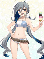  ahoge ammunition_belt belt bikini blue_bikini brown_belt cowboy_shot depth_charge floral_print food gradient_background grey_eyes grey_hair hair_between_eyes hair_bun highres ice_cream ice_cream_cone kanmiya_shinobu kantai_collection kiyoshimo_(kancolle) kiyoshimo_kai_ni_(kancolle) kiyoshimo_kai_ni_(swimsuit_mode)_(kancolle) long_hair low_twintails standing swimsuit twintails utility_belt very_long_hair white_bikini 