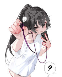  ? brown_eyes brown_hair cellphone commentary earbuds earphones english_commentary female foreshortening hand_up high_ponytail highres holding holding_phone looking_at_viewer outstretched_arm phone shirt smartphone smile solo spoken_question_mark standing suou_yuki sydus thighs tokidoki_bosotto_roshia-go_de_dereru_tonari_no_alya-san white_shirt 