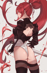  2b_(nier:automata) 2b_(nier:automata)_(cosplay) amputee ass back_cutout baiken boots cleavage_cutout clothing_cutout cosplay female guilty_gear guilty_gear_strive guitarist_yui highleg highleg_leotard highres juliet_sleeves leotard long_hair long_sleeves looking_at_viewer nier:automata nier_(series) no_blindfold ponytail puffy_sleeves solo thigh_boots thong_leotard turtleneck turtleneck_leotard white_leotard 