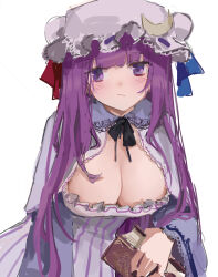  :/ bat_wings black_bow book bow breasts cleavage crescent crescent_hair_ornament crescent_hat_ornament dress female hair_ornament hat hat_ornament highres large_breasts mob_cap patchouli_knowledge purple_eyes purple_hair reddizen solo striped_clothes striped_dress touhou wings 