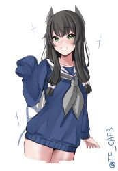  absurdres artist_name black_hair blue_cardigan blush cardigan commentary_request cowboy_shot cropped_legs female grey_neckerchief grin hair_between_eyes hair_ribbon headgear highres i-47_(kancolle) kantai_collection long_hair long_sleeves looking_at_viewer low-tied_long_hair neckerchief official_alternate_costume one-hour_drawing_challenge open_mouth ribbon sailor_collar simple_background smile solo tf_cafe tress_ribbon twitter_username white_background white_sailor_collar 