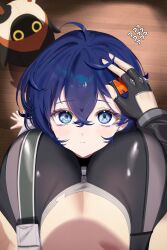  2girls :t absurdres arm_warmers bangboo_(zenless_zone_zero) belle_(zenless_zone_zero) between_breasts black_gloves black_sports_bra blue_hair blush breasts cicei cleavage closed_mouth commentary_request crossed_bangs eous_(zenless_zone_zero) female_pov fingerless_gloves flying_sweatdrops gloves grace_howard hair_between_eyes hair_ornament head_between_breasts headpat height_difference highres large_breasts letter_hair_ornament looking_at_viewer multiple_girls pov shadow short_hair sidelocks single_fingerless_glove sports_bra standing upper_body yuri zenless_zone_zero zipper zipper_pull_tab 