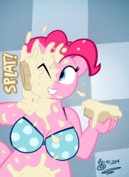  absurd_res animal_humanoid anthro belly bikini bikini_top clothing equid equid_humanoid equine equine_humanoid female food food_fetish friendship_is_magic hasbro hi_res huge_filesize humanoid mammal mammal_humanoid messy my_little_pony onomatopoeia overweight pastry pie_in_face pinkie_pie_(mlp) polka_dot_bikini polka_dots sebaku slightly_chubby slightly_chubby_female solo sound_effects swimwear text two-piece_swimsuit wam 