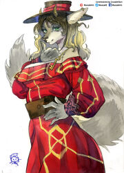  absurd_res anthro biped breasts cleavage clothed clothing deer dress ear_piercing ear_ring female fully_clothed fur hair hand_on_hip hat headgear headwear hi_res horn key looking_at_viewer mammal murazaki piercing ring_piercing shoulderless_dress simple_background smile solo standing tail traditional_media_(artwork) watercolor_(artwork) white_background 