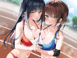  2girls absurdres bare_shoulders black_hair blurry blurry_background blush breast_press breasts brown_hair cleavage collarbone covered_nipples depth_of_field elbow_pads green_eyes groin heavy_breathing highres holding_hands interlocked_fingers itohana large_breasts long_hair looking_at_viewer medium_hair multiple_girls navel non-web_source open_mouth original outdoors parted_lips shorts sidelocks sports_bra steam sweat symmetrical_docking twintails two-tone_sports_bra very_long_hair yellow_eyes 