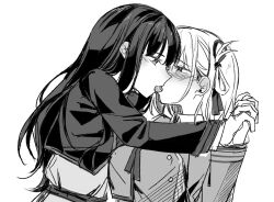  2girls blush eye_contact french_kiss from_side greyscale highres holding_hands inoue_takina interlocked_fingers jacket jenjen kissing long_hair long_sleeves looking_at_another lycoris_recoil lycoris_uniform monochrome multiple_girls neck_ribbon nishikigi_chisato one_side_up ribbon saliva tongue tongue_out yuri 