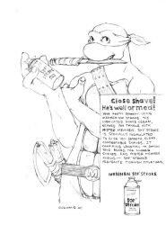  advertisement anthro artdecade bandana black_and_white english_text holding_knife holding_object kerchief knife male mennen michelangelo_(tmnt) monochrome object_in_mouth open_mouth open_smile shaving_cream smile solo teenage_mutant_ninja_turtles teeth_showing text 