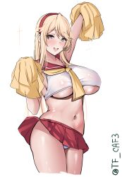  absurdres blonde_hair blue_eyes blush breasts cheering cheerleader cowboy_shot crop_top female hair_between_eyes highres holding holding_pom_poms iowa_(kancolle) kantai_collection large_breasts long_hair looking_at_viewer midriff miniskirt navel open_mouth pleated_skirt pom_pom_(cheerleading) red_skirt skirt smile solo star-shaped_pupils star_(symbol) symbol-shaped_pupils tf_cafe twitter_username 