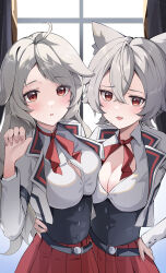  2girls absurdres ahoge animal_ears asymmetrical_docking black_corset breast_press breasts cat_ears cat_girl cleavage collared_shirt corset cropped_jacket dog_ears dog_girl grey_hair grey_jacket hand_on_own_hip hand_up highres indoors jacket large_breasts long_hair medium_breasts multiple_girls mushoku_tensei neck_ribbon pursena_adoldia ranoa_magic_academy_school_uniform red_eyes red_ribbon ribbon rinia_dedoldia school_uniform shirt white_shirt window yeni1871 