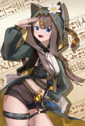  :d absurdres arknights arm_up black_jacket blue_eyes brown_hair brown_shorts brown_tail commentary_request contrapposto cowboy_shot female flower grey_ribbon hieroglyphics highres hood hood_up hooded_jacket infection_monitor_(arknights) jacket long_hair long_sleeves looking_at_viewer navel neck_ribbon o-ring o-ring_thigh_strap oerba_yun_fang open_clothes open_jacket open_mouth pepe_(arknights) ribbon salute shorts skin_fang smile solo standing tail tail_ornament tail_raised tail_ring thigh_strap two-sided_fabric two-sided_jacket white_flower wumimiao yellow_jacket 