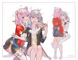  2girls :d aoiabyss black_jacket bra_strap from_behind grey_hair highres honkai:_star_rail honkai_(series) jacket long_hair long_sleeves looking_at_viewer march_7th_(honkai:_star_rail) march_7th_(hunt)_(honkai:_star_rail) multiple_girls multiple_views official_alternate_costume official_alternate_hairstyle open_mouth pink_hair purple_eyes shirt shuangyaji simple_background sitting smile socks stelle_(honkai:_star_rail) trailblazer_(honkai:_star_rail) white_background white_shirt white_socks yellow_eyes yuri 