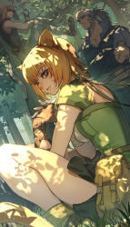  2boys absurdres animal_ears belt_pouch cat_boy cat_ears cat_girl cat_tail choker crossed_arms dutch_angle facial_mark female fingerless_gloves fire_emblem fire_emblem:_radiant_dawn forest gloves green_choker green_hair green_shorts grey_hair hat hide_(hideout) highres in_tree lethe_(fire_emblem) light_smile looking_at_viewer muarim_(fire_emblem) multiple_boys muscular muscular_male nature orange_hair outdoors pouch purple_eyes ranulf_(fire_emblem) short_hair shorts side_slit side_slit_shorts sitting sitting_in_tree tail tree whisker_markings 