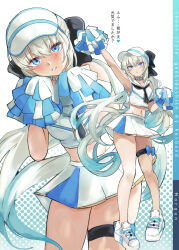  absurdres blue_eyes bow cheerleader crop_top fate/grand_order fate_(series) female grey_hair hair_ribbon hairbow hand_up highres klash long_hair midriff miniskirt morgan_le_fay_(fate) multiple_views navel pom_pom_(cheerleading) ribbon shoes skirt smile sneakers thigh_strap translation_request visor_cap 