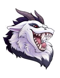  ambiguous_form ambiguous_gender bovid bovid_horn caprine caprine_horn ears_down fangs goat goat_horn hi_res horn hybrid mammal mane mouth_shot open_mouth pivoted_ears pupils red_eyes sharp_teeth simple_background solo teeth tongue white_background zegzagun 