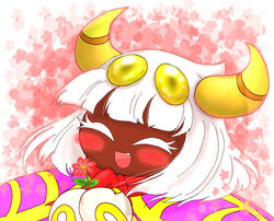  4_eyes ^_^ arachnid arthropod brown_body brown_skin cape closed_eyes clothing curved_horn female flower hair horn kirby_(series) multi_eye nintendo open_mouth open_smile pattern_background plant queen_sectonia rosy_cheeks scarf simple_background smile solo spider spidr touka_(artist) white_hair yellow_eyes 