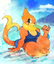  after_transformation anthro beach blue_eyes breasts buizel clothed clothing colored female food fur gender_transformation generation_4_pokemon hi_res kneeling looking_at_viewer medium_breasts mtf_transformation nintendo on_ground one-piece_swimsuit orange_body orange_fur pokemon pokemon_(species) popsicle popsicle_in_mouth popsicle_melting solo species_transformation swimwear thick_thighs thwillartz transformation water yellow_body yellow_fur 