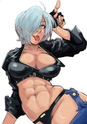  abs angel_(kof) blue_eyes bra breasts chaps cleavage crop_top cropped_jacket female fingerless_gloves gloves hair_over_one_eye index_fingers_raised jacket large_breasts leather leather_jacket looking_at_viewer midriff muscular muscular_female navel panties short_hair snk solo strapless strapless_bra the_king_of_fighters the_king_of_fighters_xiv toastitos toned tongue tongue_out underwear white_hair 