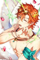  1boy abs ambiguous_green_liquid arm_up armband bracelet commentary eyewear_on_head f_ico_e falling_petals fire_emblem fire_emblem:_three_houses fire_emblem_heroes gem green_armband green_gemstone hair_between_eyes highres jewelry lower_teeth_only male_focus necklace nipples one_eye_closed open_mouth orange_hair pectorals petals suggestive_fluid sylvain_jose_gautier sylvain_jose_gautier_(summer) symbol-only_commentary teeth tongue topless_male twitter_username upper_body white_background yellow-framed_eyewear yellow_eyes 