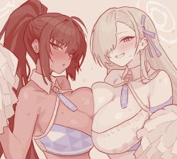  2girls alternate_costume asuna_(blue_archive) blue_archive blush breast_press breasts character_name cheerleader clothes_writing crop_top dark-skinned_female dark_skin fight_yoghurt grin hair_between_eyes hair_over_one_eye hair_ribbon halo karin_(blue_archive) large_breasts long_hair looking_at_viewer millennium_cheerleader_outfit_(blue_archive) mole mole_on_breast multiple_girls oekaki parted_lips pom_pom_(cheerleading) ponytail ribbon simple_background smile sweat symmetrical_docking upper_body very_long_hair 