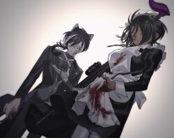  1boy :&lt; alternate_costume animal_ears apron aragami_oga black_coat black_dress black_hair black_pants black_suit blood blood_on_clothes blood_on_face blood_on_gloves blood_on_hands breasts butler coat commentary cowboy_shot cross_tie dark-skinned_female dark_skin demon_horns dress enmaided female frilled_apron frills from_below genderswap_(mtf) gloves green_eyes green_ribbons grey_background grey_shirt grey_vest gun hair_between_eyes hair_over_shoulder highres holding holding_gloves holding_gun holding_pocket_watch holding_unworn_clothes holding_weapon holostars horns jackal_boy jackal_ears jackal_tail juliet_sleeves kageyama_shien lapel_pin lapels large_breasts long_sleeves looking_at_object looking_at_viewer low_ponytail mafia_(holostars) maid maid_apron maid_headdress medium_hair medium_skirt momiage_40 monocle multicolored_hair neck_ribbon notched_lapels official_alternate_costume pants pantyhose parted_lips pocket_square pocket_watch puffy_sleeves purple_horns ribbon rifle rule_63 shirt short_hair side_part single_glove single_horn skirt sleeve_cuffs sniper_rifle standing streaked_hair suit symbol-only_commentary tailcoat tuxedo_shirt two-tone_hair vest virtual_youtuber watch weapon white_apron white_background white_gloves white_hair white_pantyhose yellow_eyes 