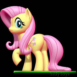  3d_(artwork) 3d_modeling 3d_print black_background blue_eyes cutie_mark digital_media_(artwork) equid equine female feral fluttershy_(mlp) friendship_is_magic grass hair hasbro hooves horse looking_back mammal my_little_pony pink_hair pinup plant pony pose raised_hoof scared sillytoys simple_background solo tail yellow_body 