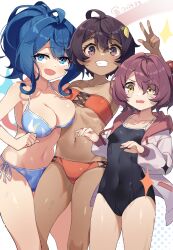  3girls absurdres ahoge bikini black_hair black_one-piece_swimsuit blue_bikini blue_eyes blue_hair breasts brown_hair competition_school_swimsuit cross-laced_bikini cross-laced_clothes dark-skinned_female dark_skin feet_out_of_frame food-themed_hair_ornament hair_ornament highres hood hooded_jacket jacket komari_chika large_breasts lemon_hair_ornament long_hair make_heroine_ga_oo_sugiru! multiple_girls one-piece_swimsuit orange_bikini ponytail purple_eyes school_swimsuit short_hair side-tie_bikini_bottom small_breasts sparkle strapless strapless_bikini swimsuit tan tanlines ulrica.h v white_jacket yakishio_remon yanami_anna yellow_eyes 