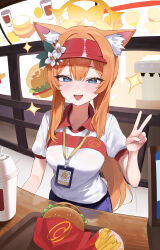  absurdres alternate_costume animal_ear_fluff animal_ears blue_archive blue_eyes blush burger cashier cat_ears cat_girl collared_shirt cup disposable_cup employee_uniform fast_food fast_food_uniform female food french_fries hair_between_eyes halo hand_up highres id_card looking_at_viewer mari_(blue_archive) menu_board open_mouth orange_hair puffy_short_sleeves puffy_sleeves setakman shirt short_sleeves sidelocks solo sparkle sparkling_aura sweat tray trinity_general_school_logo uniform v visor_cap wet wet_clothes wet_shirt white_shirt yellow_halo 