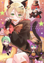  4boys absurdres amagi_hiiro ayase_mayoi bat_hair_ornament bishounen black_gloves blonde_hair candy cat_boy chibi chibi_inset cowboy_shot ensemble_stars! fingerless_gloves food gloves gradient_background green_eyes hair_ornament happy_halloween heart heart_hair_ornament highres holding holding_candy holding_food holding_lollipop kazehaya_tatsumi kemonomimi_mode lollipop long_sleeves male_focus multiple_boys reclining shino_(sinotaro_) shiratori_aira_(ensemble_stars!) solo_focus starry_background 