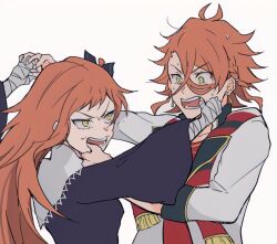  1boy antenna_hair aqua_eyeshadow bandaged_arm bandaged_hand bandages brother_and_sister eyeliner eyeshadow facial_mark female fighting fire_emblem fire_emblem_engage highres long_hair makeup oda32t open_mouth orange_hair pandreo_(fire_emblem) panette_(fire_emblem) short_bangs siblings stitches yellow_eyes 