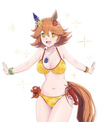  +_+ animal_ears bead_bracelet beads bikini bovine bracelet clover_hair_ornament commentary_request cowboy_shot daruma_doll ear_covers female flipped_hair four-leaf_clover_hair_ornament hair_ornament highres horse_ears horse_girl horse_tail jewelry looking_at_viewer matikanefukukitaru_(umamusume) navel open_mouth orange_hair osage_gankyou short_hair simple_background single_ear_cover smile solo sparkle stomach swimsuit tail umamusume white_background yellow_bikini yellow_eyes 