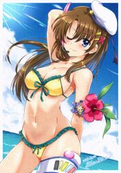  bikini blue_eyes blue_sky breasts brown_hair cleavage cloud commentary_request day female flower frilled_bikini frills front-tie_bikini_top front-tie_top glaze_artifacts hair_ornament hairclip hat hibiscus horizon long_hair lyrical_nanoha mahou_senki_lyrical_nanoha_force medium_breasts ocean one_eye_closed outdoors peaked_cap san-pon sky snorkel solo swimsuit white_hat yagami_hayate yellow_bikini 